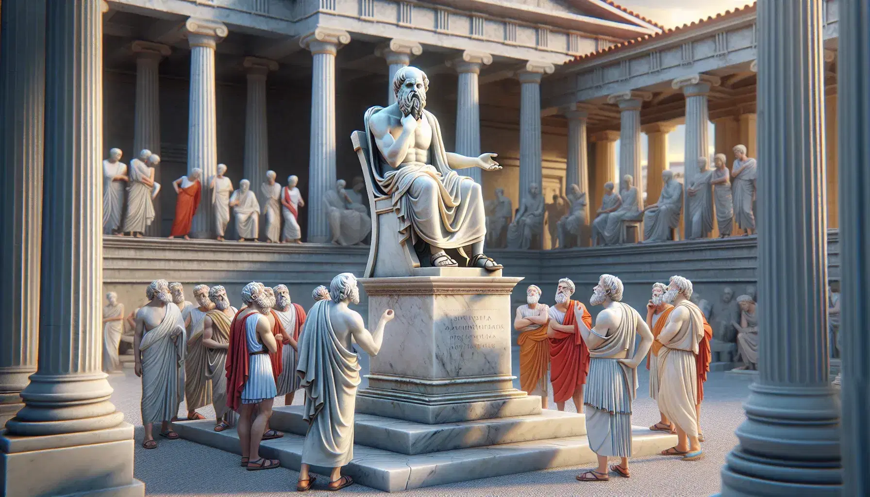 Statua di Socrate pensieroso in un'agora greca con colonne, circondato da persone in dialogo sotto luce dorata pomeridiana.