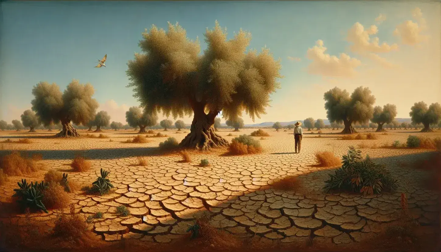 Drought-stricken landscape with cracked earth, sparse olive trees, a nearly dry riverbed, and a lone figure surveying the scene under a clear blue sky.