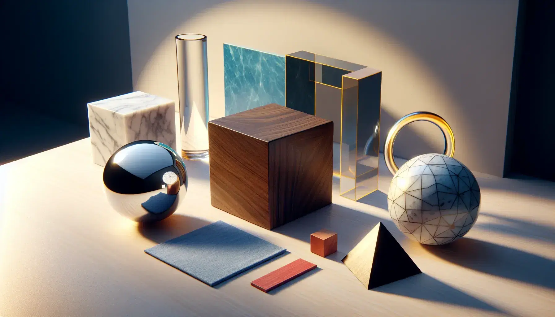 Forme geometriche solide su superficie in legno chiaro: cubo scuro, sfera di marmo, cilindro di vetro, triangolo blu, quadrato rosso e cerchio metallico.