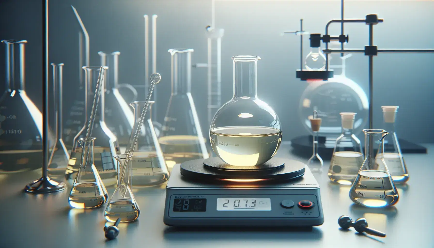 Organic chemistry laboratory with round bottom flask containing pale yellow liquid, heating plates, beakers and lit burner.