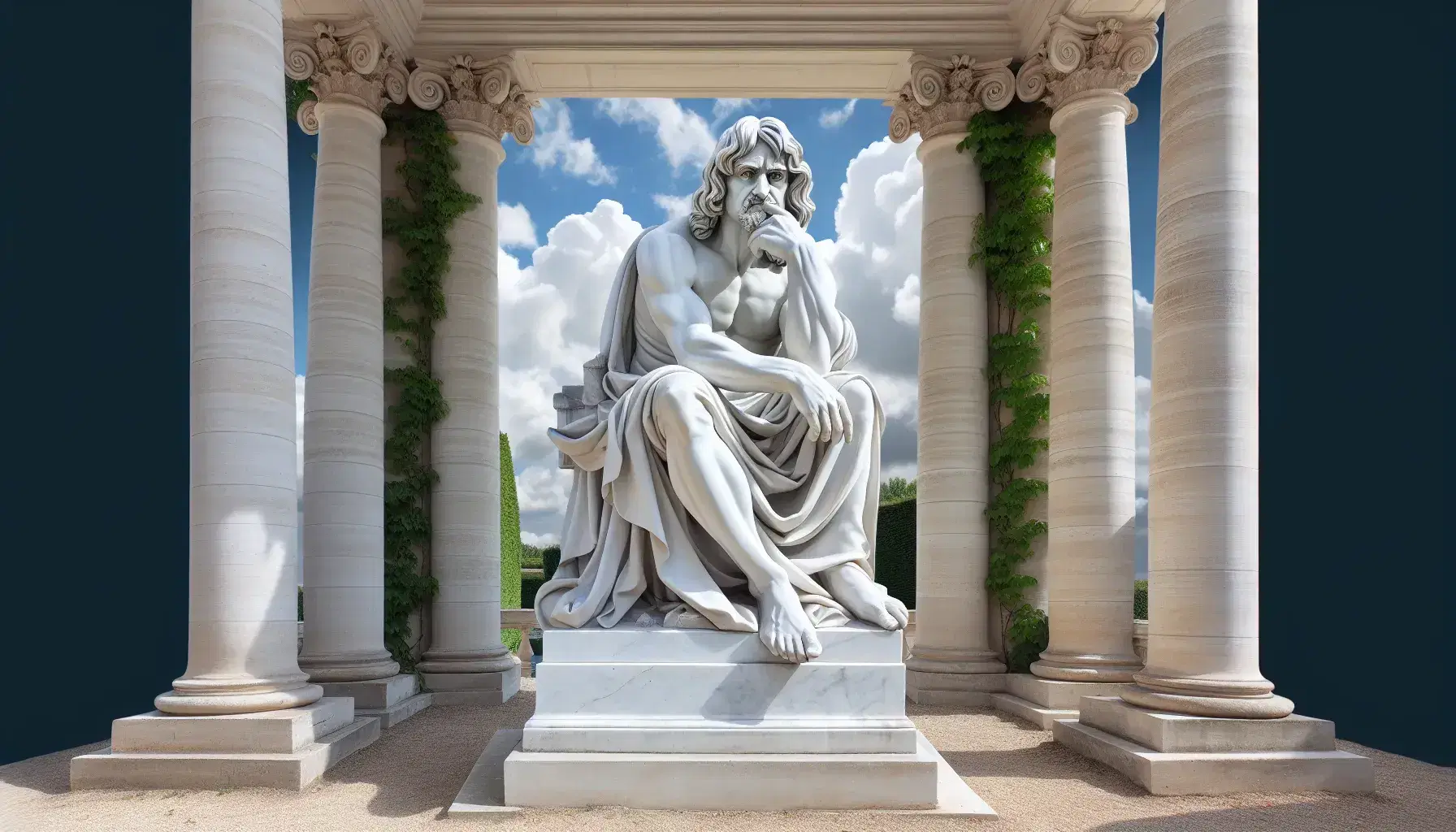 Escultura de mármol blanco de René Descartes en pose pensativa, con fondo de cielo azul y columnas de piedra con hiedra, reflejando serenidad y reflexión.