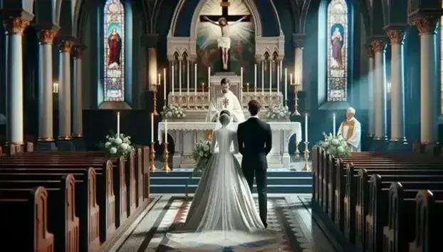 Sposi davanti all'altare in chiesa, lei in abito bianco con velo e bouquet, lui in completo nero, con sacerdote e luce da vetrate colorate.