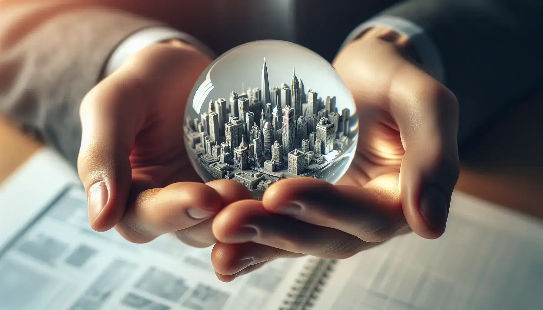 Hands cradling a crystal ball showcasing a detailed miniature cityscape with skyscrapers, set against a blurred office background.