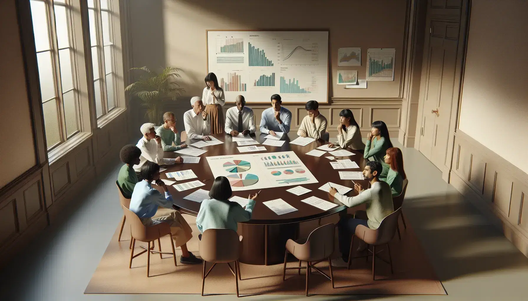 Grupo diverso de personas en reunión de trabajo analizando documentos con gráficos en una mesa redonda bajo luz natural.