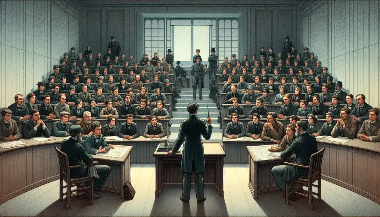 Group of attentive students in a university classroom while a professor explains next to a white screen, an orderly and illuminated environment.