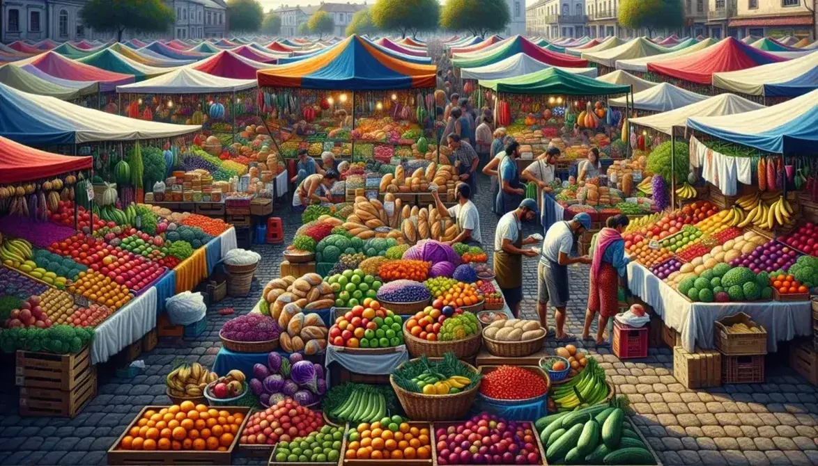 Mercado al aire libre con puestos de frutas, verduras y panes bajo toldos coloridos, gente comprando y vendiendo en un día soleado.