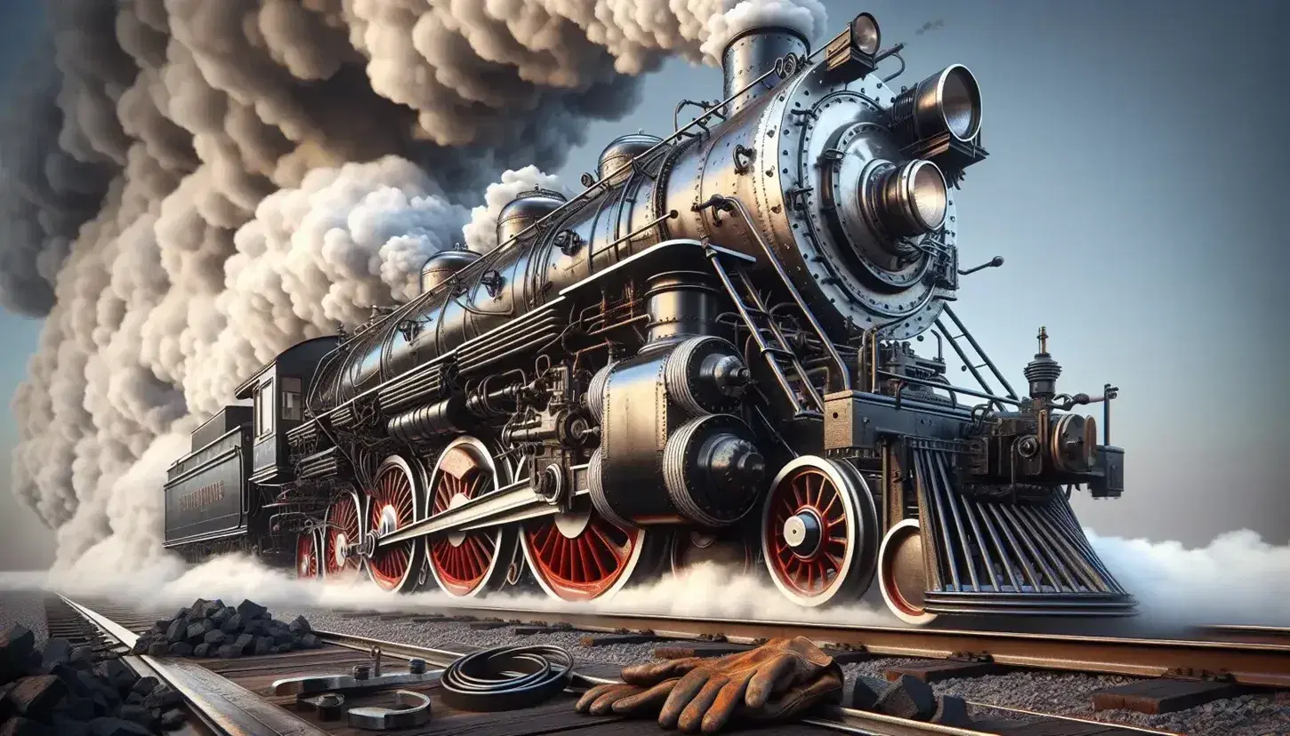 Classic steam locomotive with black boiler, shiny metal pistons, wheels with red edges and white steam on blue sky, work gloves and coal in the foreground.