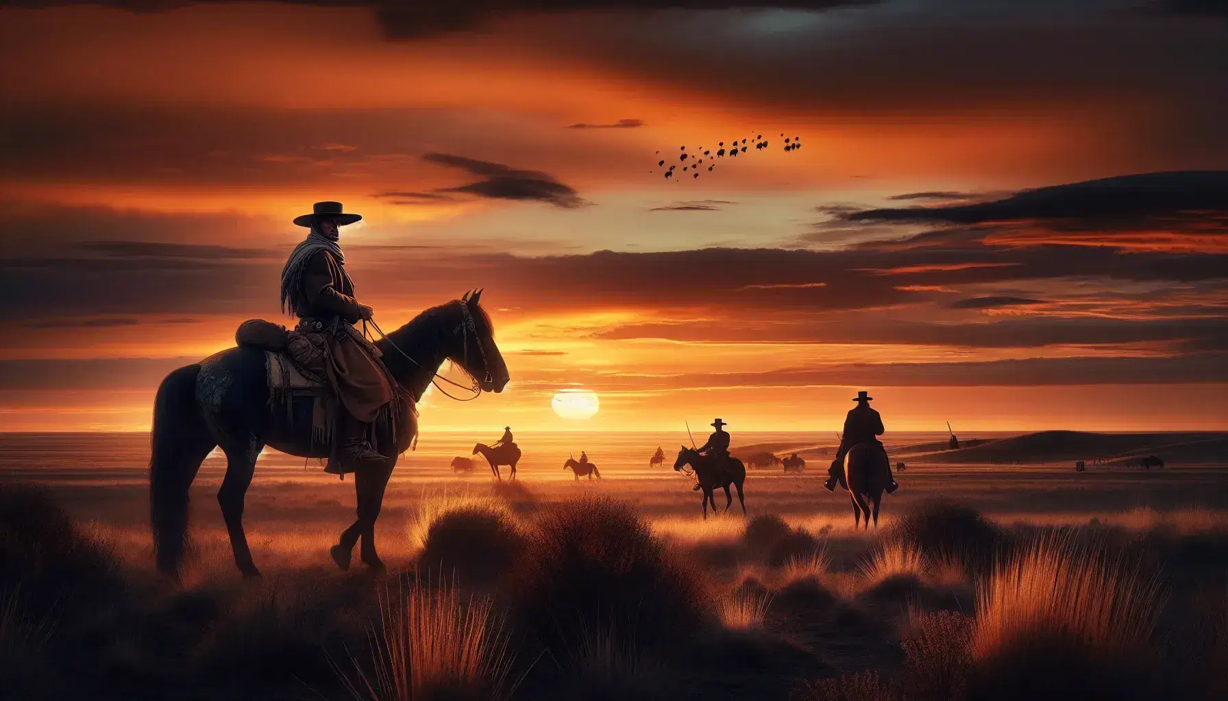 Gaucho a caballo en las pampas argentinas al atardecer, con cielo anaranjado y rosa, y siluetas de otros gauchos al horizonte.