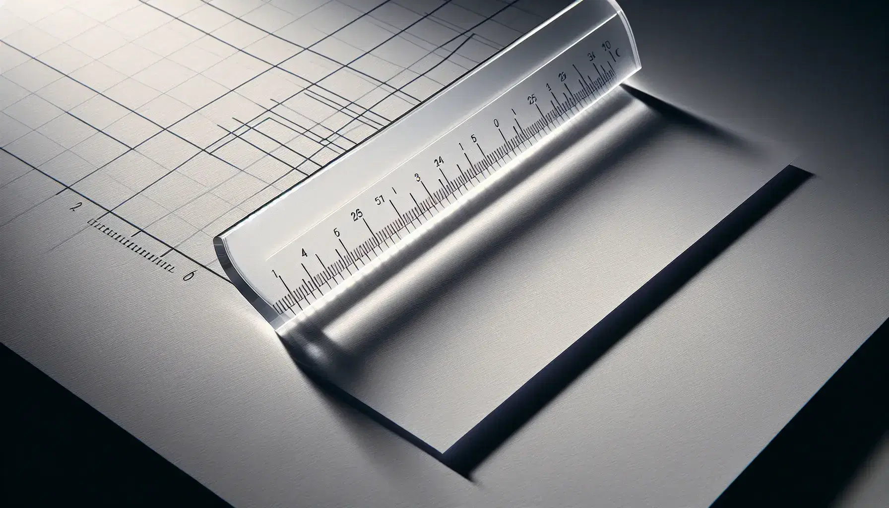 Transparent acrylic graphing ruler on white paper with intersecting straight and curved lines, illustrating graphing concepts without text or symbols.
