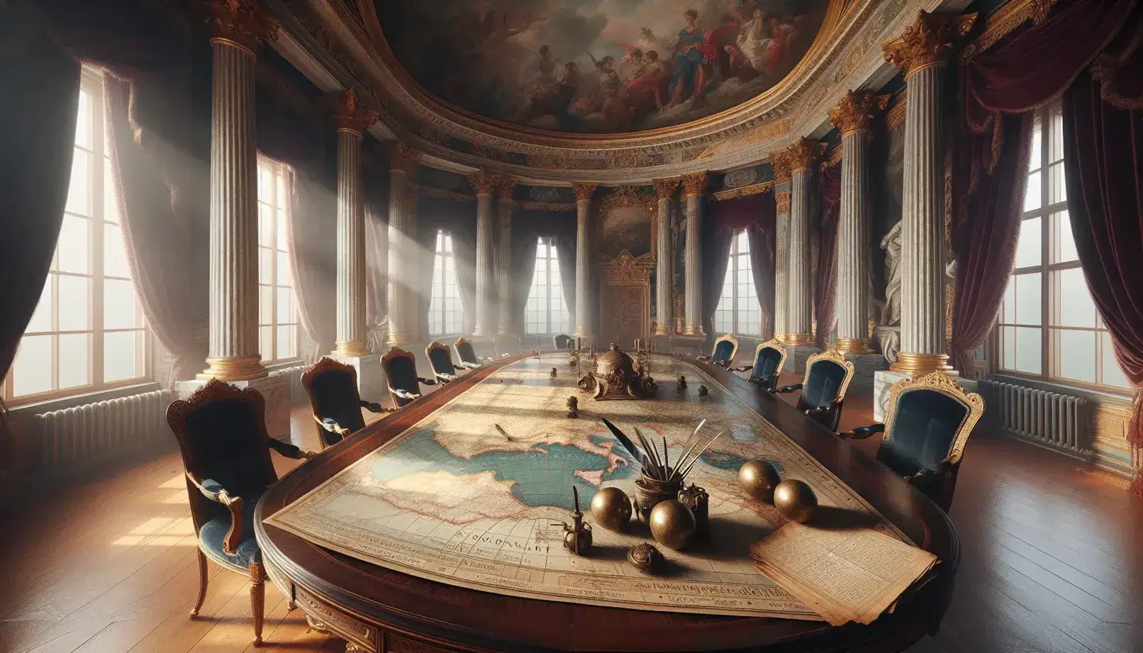 Sala storica neoclassica con colonne corinzie, affreschi, tavolo ovale, sedie antiche, mappa geografica antica, statua marmorea e drappi rossi.
