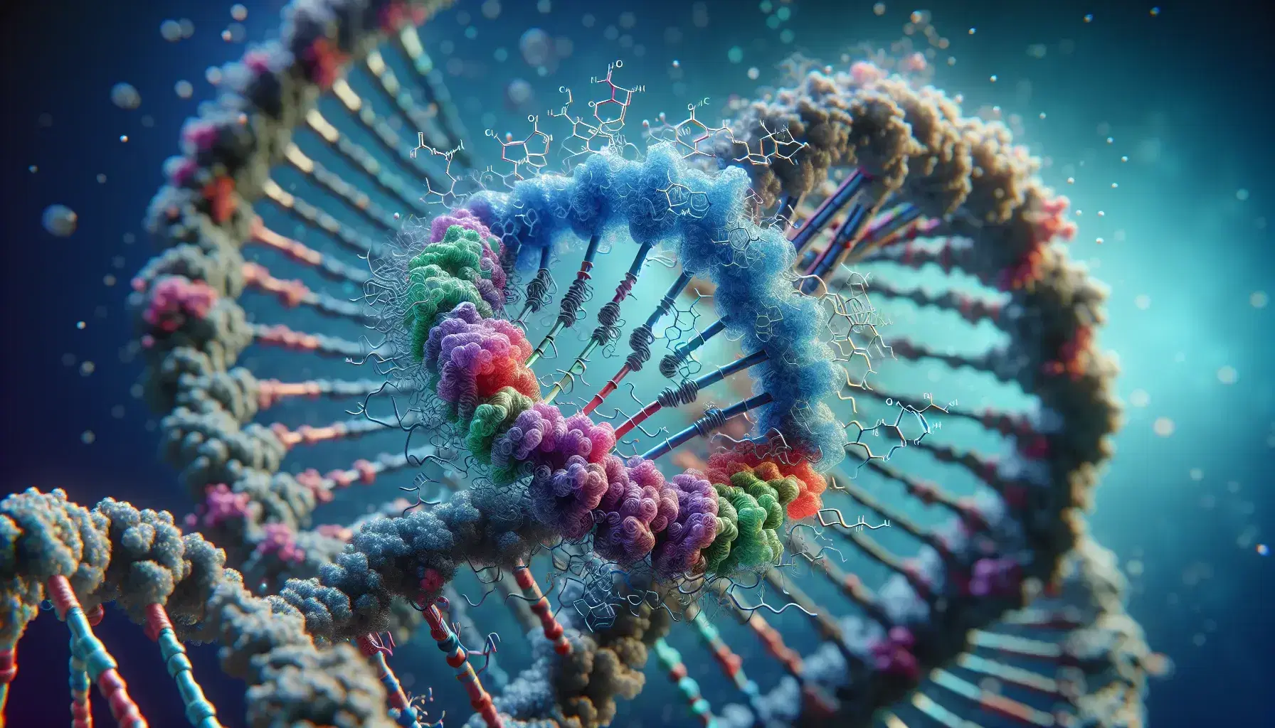 Three-dimensional structure of double helix DNA with colored paired bases and bound detailed protein complex, on blurred background.