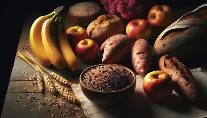 Assortment of carbohydrate-rich foods including brown rice, ripe bananas, sweet potatoes, red apples, whole grain bread, oat flakes, and a glass of orange juice on a wooden table.