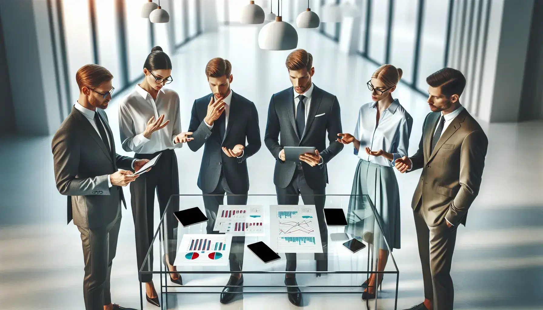 Grupo de cinco profesionales en reunión de trabajo en oficina moderna con mesa de vidrio, dispositivos electrónicos y gráficos, iluminación suave y vestimenta formal.