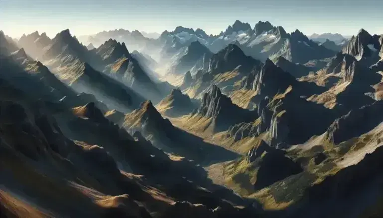 Vista panorámica de una cadena montañosa en España con picos rocosos, vegetación de altura y un río serpenteante en un valle, bajo un cielo azul despejado.