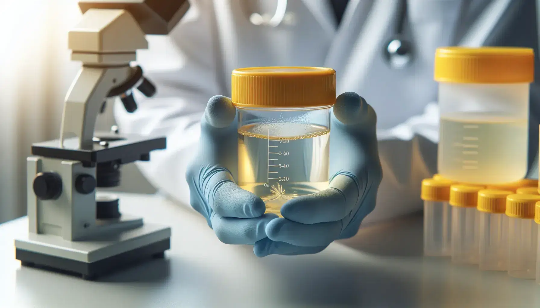 Manos con guantes de látex sosteniendo frasco de muestra de orina en laboratorio, con microscopio y recipientes al fondo.