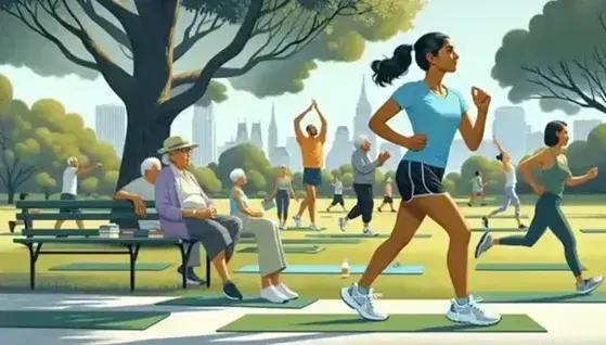 Daytime scene in a park with South Asian woman jogging, group practicing yoga, elderly couple on a bench and child playing with red ball.