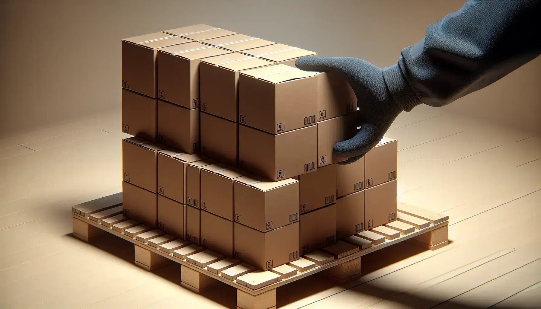 Cajas de cartón marrón apiladas en columnas sobre plataforma de madera con mano enguantada ajustando la caja superior.