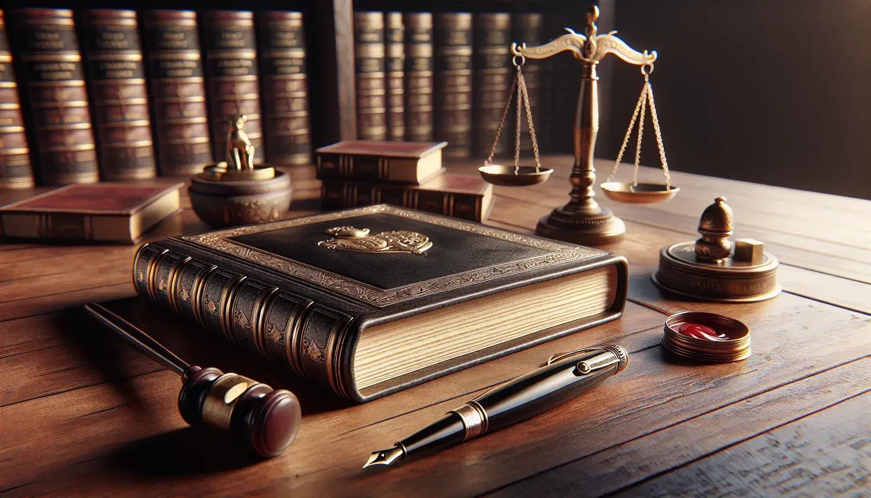 Escritorio de madera oscura con libro abierto de bordes dorados, pluma estilográfica negra, sello de lacre y pesas de balanza de justicia en tonos bronce.