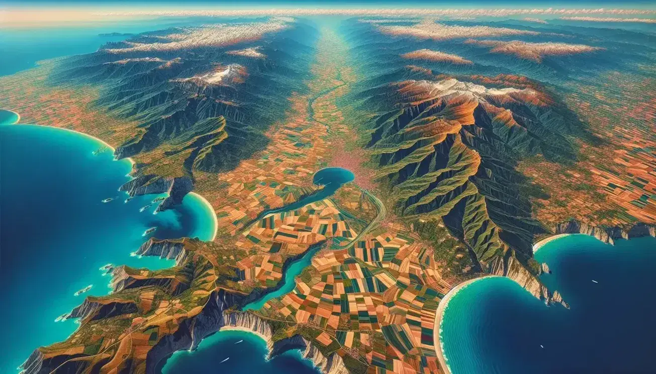 Veduta aerea di una regione italiana con costa sabbiosa, mare blu, colline verdi, campi coltivati e montagne innevate.