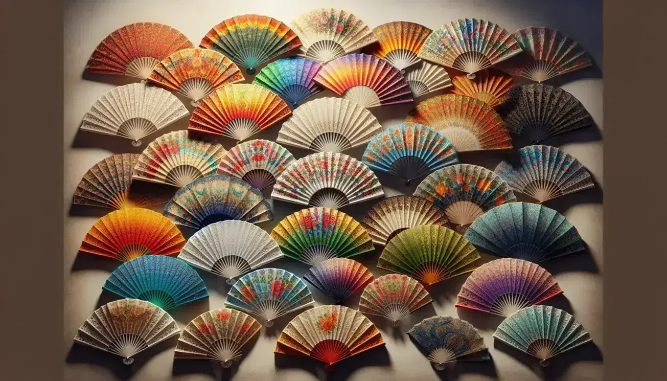 Colorful traditional Spanish fans displayed in a gradient from red to purple with intricate floral and geometric patterns on a neutral background.