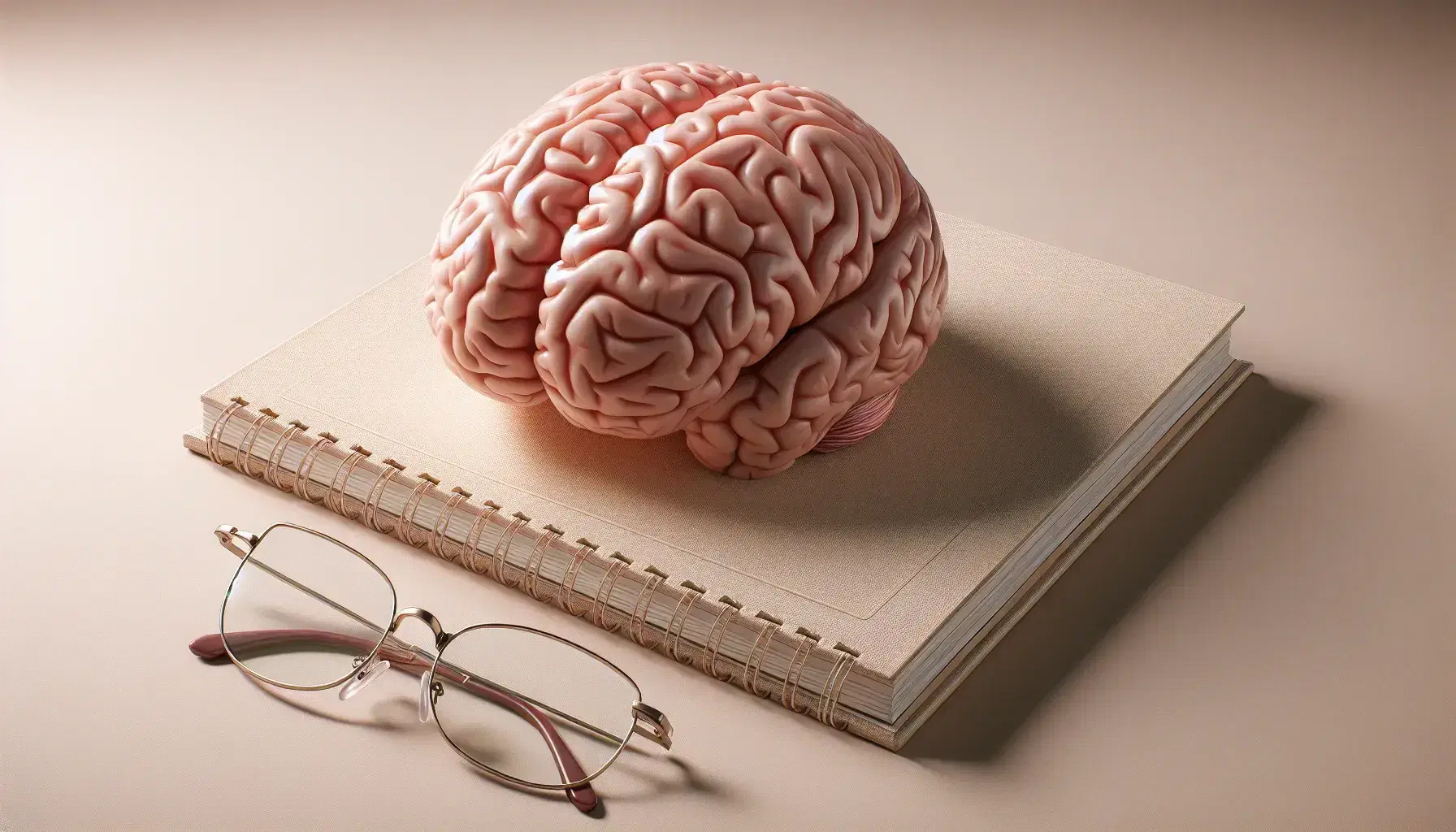 Detailed model of human brain with visible sulci and convolutions, glasses on open notebook and jar of blurry colored marbles.