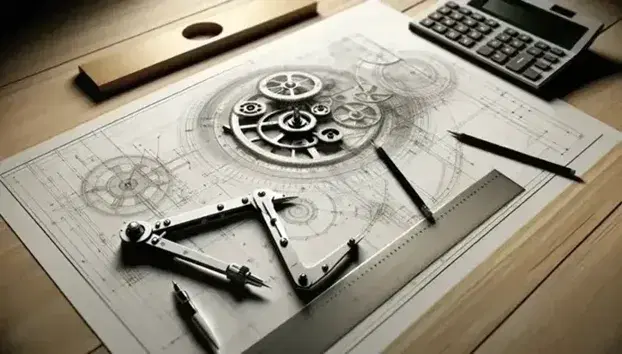 Banco da lavoro in legno con disegno tecnico dettagliato di meccanismo, righello trasparente, compasso e matita affilata, calcolatrice scientifica sfocata sullo sfondo.