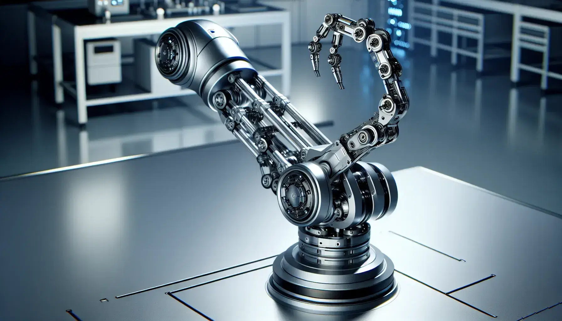 Articulated robotic arm in laboratory with multi-finger gripper in the foreground, metallic reflections and blurred technology background.