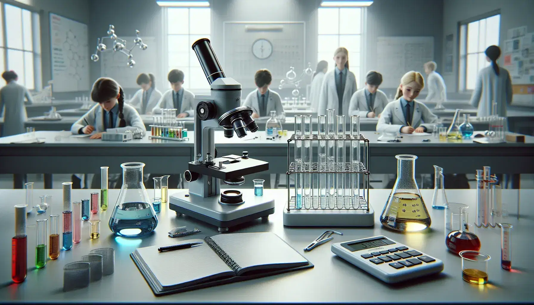 Laboratorio escolar con estudiantes en batas blancas, microscopio, tubos de ensayo con líquidos de colores y cilindros graduados, reflejando un ambiente de aprendizaje científico.