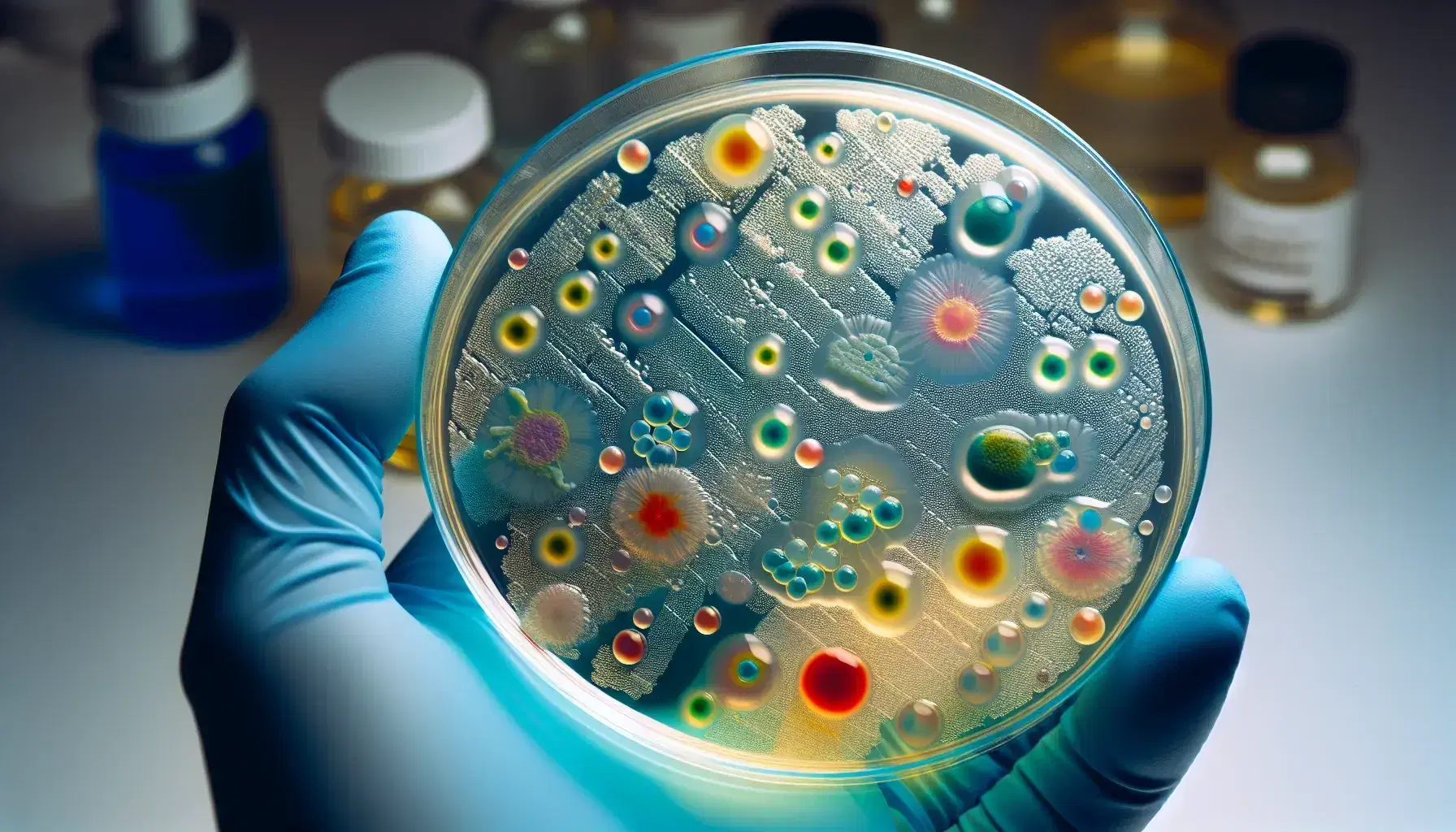 Vista microscópica de colonias de bacterias en un plato de Petri, con manchas irregulares verdes, rojas, amarillas y azules sobre medio de cultivo, sostenido por manos enguantadas en azul claro.