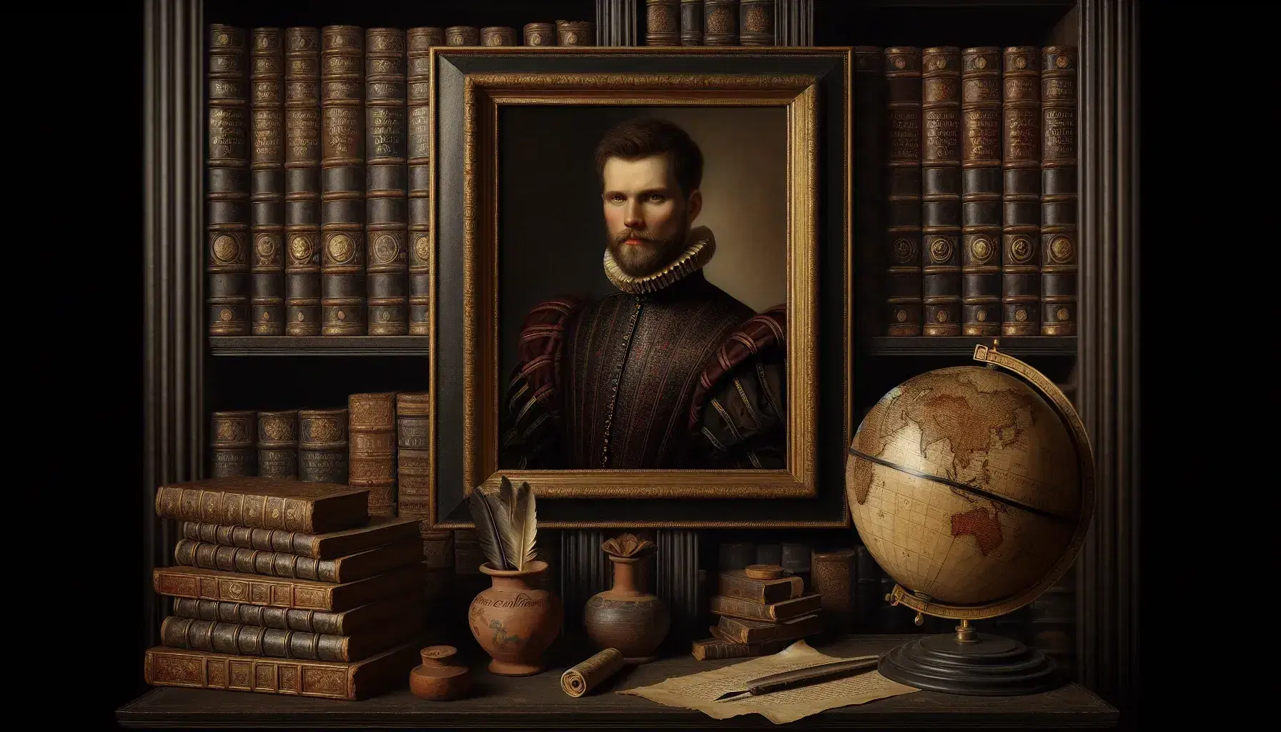 Ritratto uomo Rinascimento in abiti rossi e neri con dettagli dorati, sguardo pensieroso, in studio con libri antichi, calamaio e mappamondo.