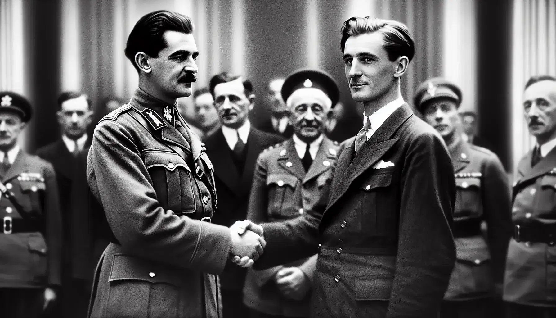 Storica stretta di mano tra due uomini in uniforme e abito formale durante un incontro internazionale del 1945.
