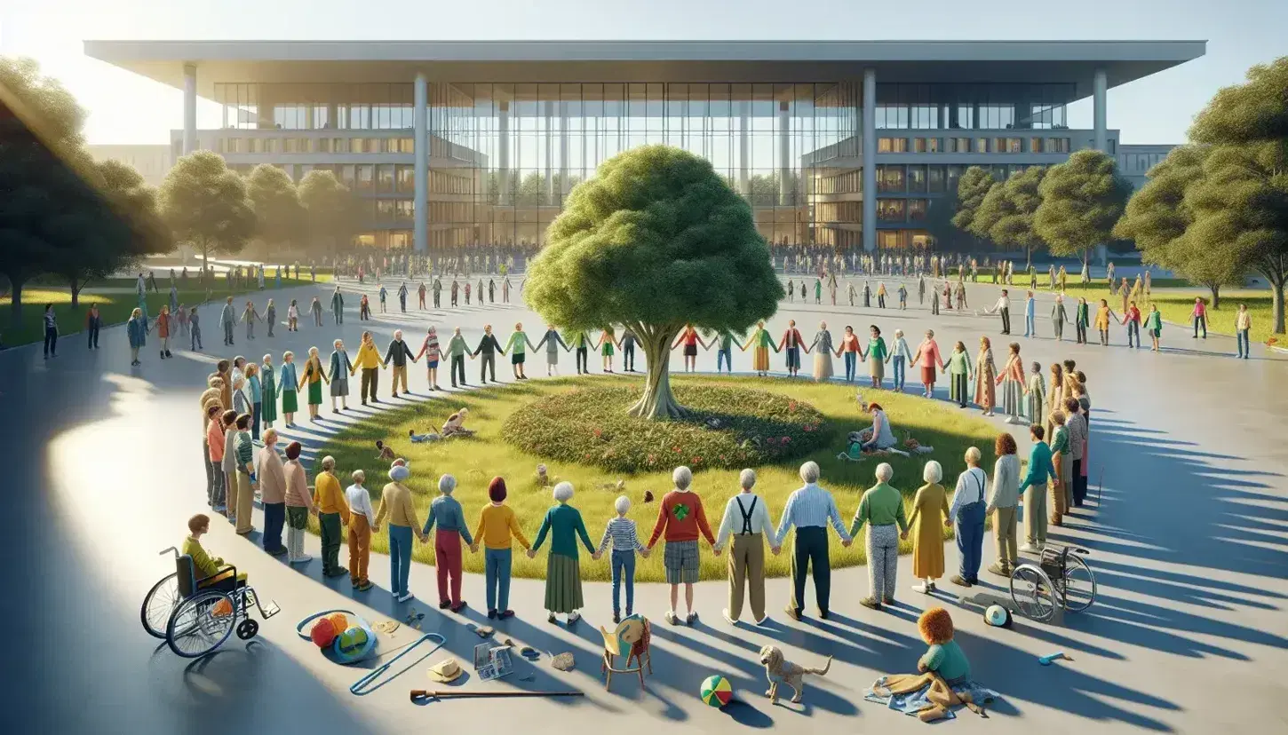 Gruppo multietnico di varie età in cerchio tenendosi per mano attorno ad albero, con cielo azzurro e edificio moderno sullo sfondo.