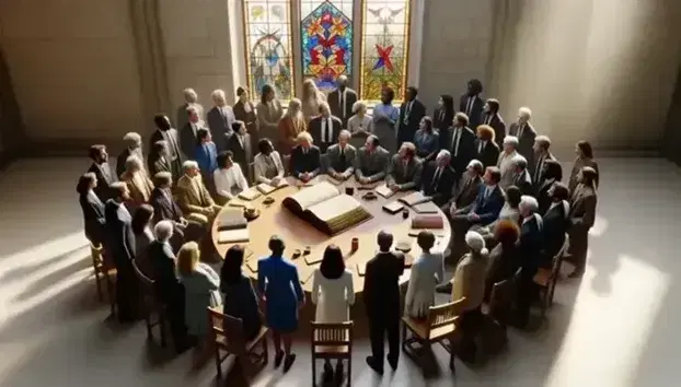 Grupo diverso de personas en debate alrededor de una mesa con un libro antiguo, vestidos formalmente, con un vitral colorido de fondo en una sala iluminada naturalmente.