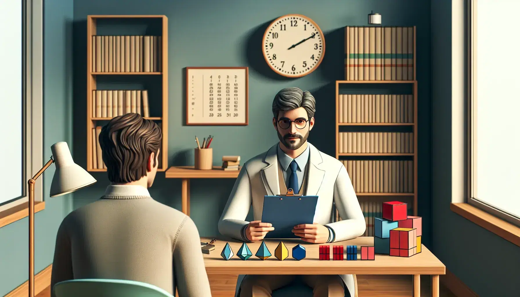 Professional forensic psychologist evaluates an individual's competence in a clinical setting, with psychological materials on the table and books in the background.