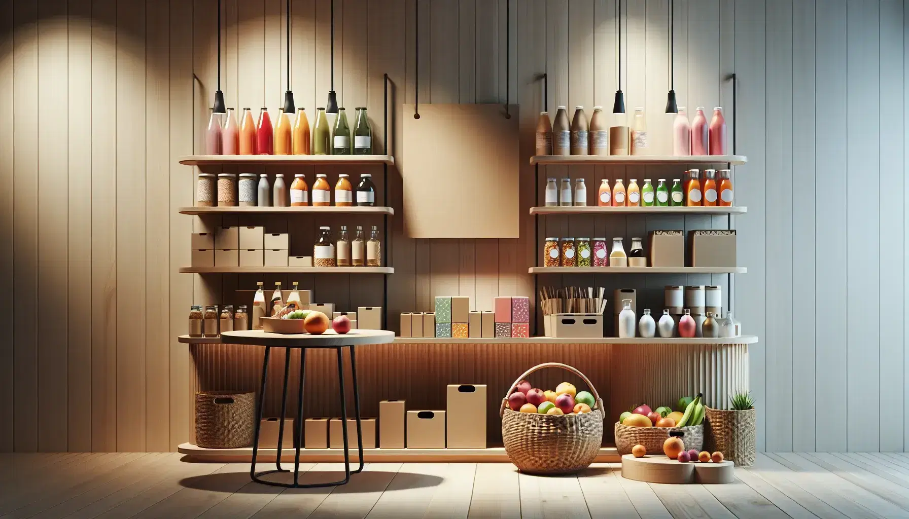 Estante de madera con productos variados, botellas de líquidos coloridos, cajas y contenedores, mesa con frutas frescas y cartel en blanco, persona al fondo.