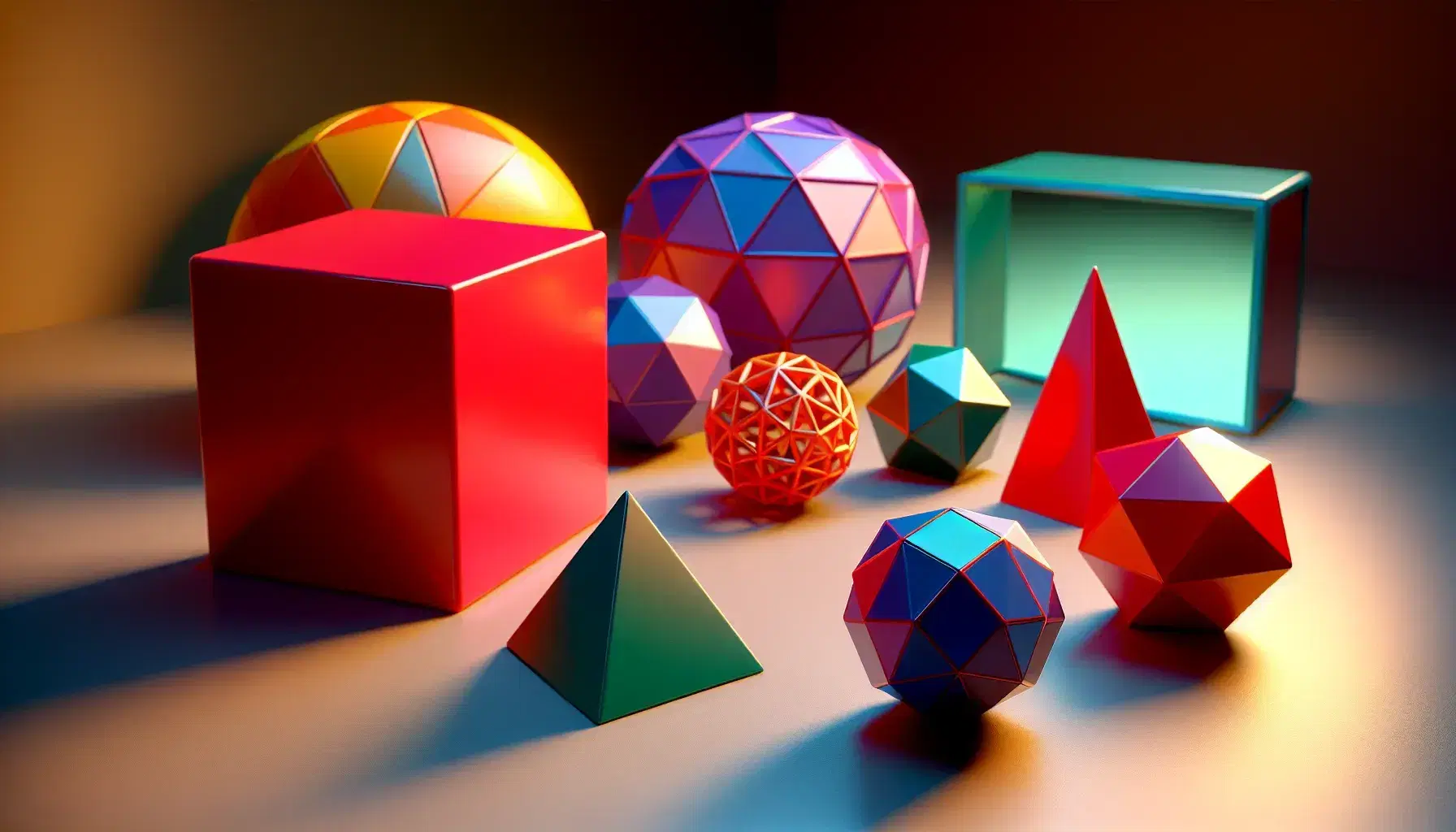 Colorful geometric shapes on neutral surface, featuring a red cube, blue sphere, green tetrahedron, purple octahedron, orange dodecahedron, and yellow icosahedron.