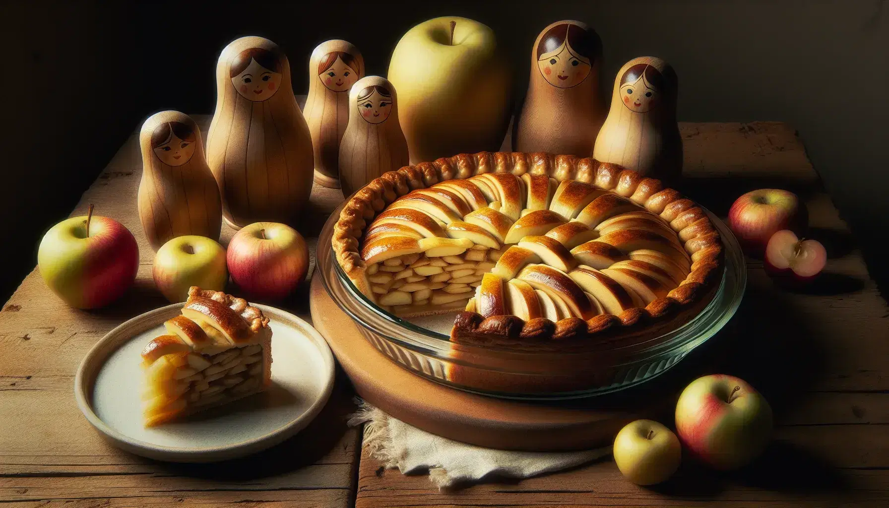 Still life with golden brown apple pie in glass dish beside unpainted wooden nesting dolls, assorted fruits, and a green chalkboard on a wooden table.