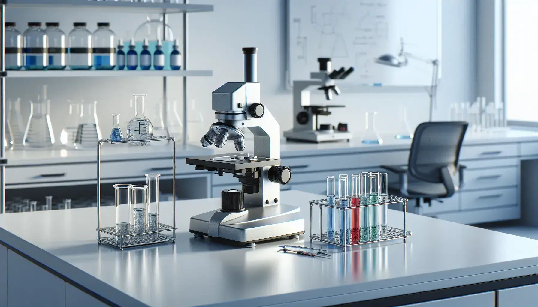 Laboratorio científico con microscopio, tubos de ensayo con líquidos de colores y estantería con frascos, reflejando profesionalismo y precisión.