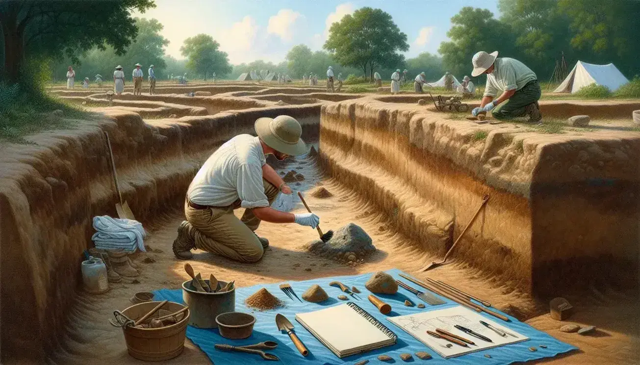Scavo archeologico con due esperti al lavoro, uno spazzola delicatamente un reperto mentre l'altro prende appunti, attrezzi sullo sfondo.
