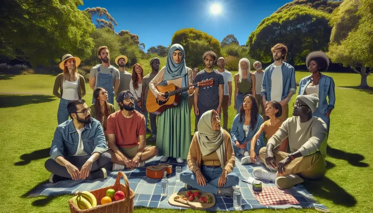Diverse group in sunny park with Middle-Eastern woman teaching guitar to attentive learners, surrounded by greenery, picnic setup, and a clear blue sky.
