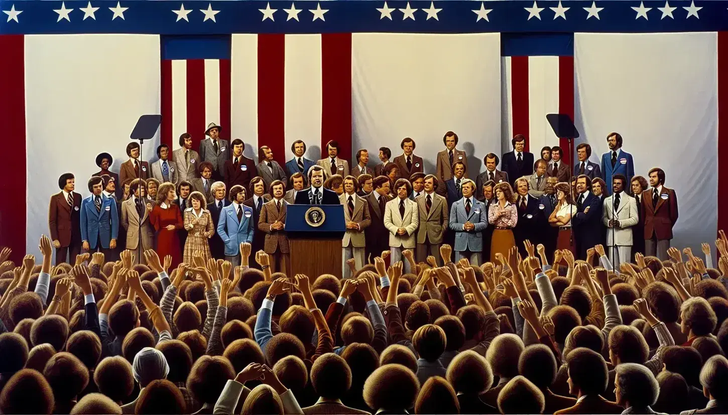 1980 presidential campaign rally with enthusiastic diverse crowd, unbranded podium and microphone, and plain red, white, and blue flags in the background.