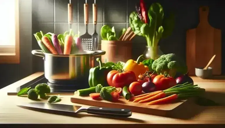 Cocina acogedora con vegetales frescos como tomates, zanahorias, espinacas y pimientos coloridos, junto a brócoli picado en tabla de cortar y sartén con salteado al fondo.