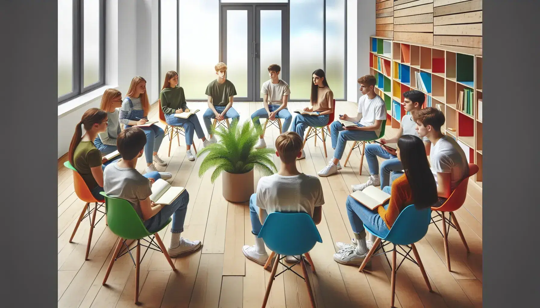 Estudiantes de diversas edades sentados en círculo en un aula iluminada, con sillas de colores y una planta central, discutiendo activamente sin tecnología visible.
