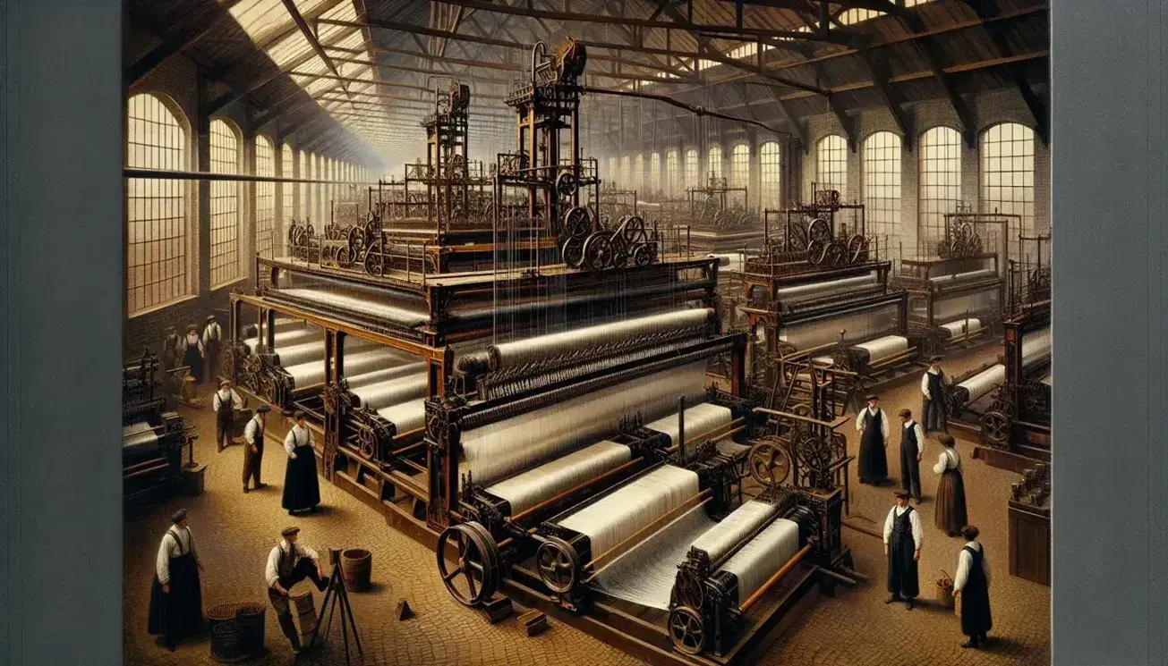 Telares mecánicos en funcionamiento en una fábrica textil de la Revolución Industrial con trabajadores supervisando la producción de tejidos bajo luz natural.