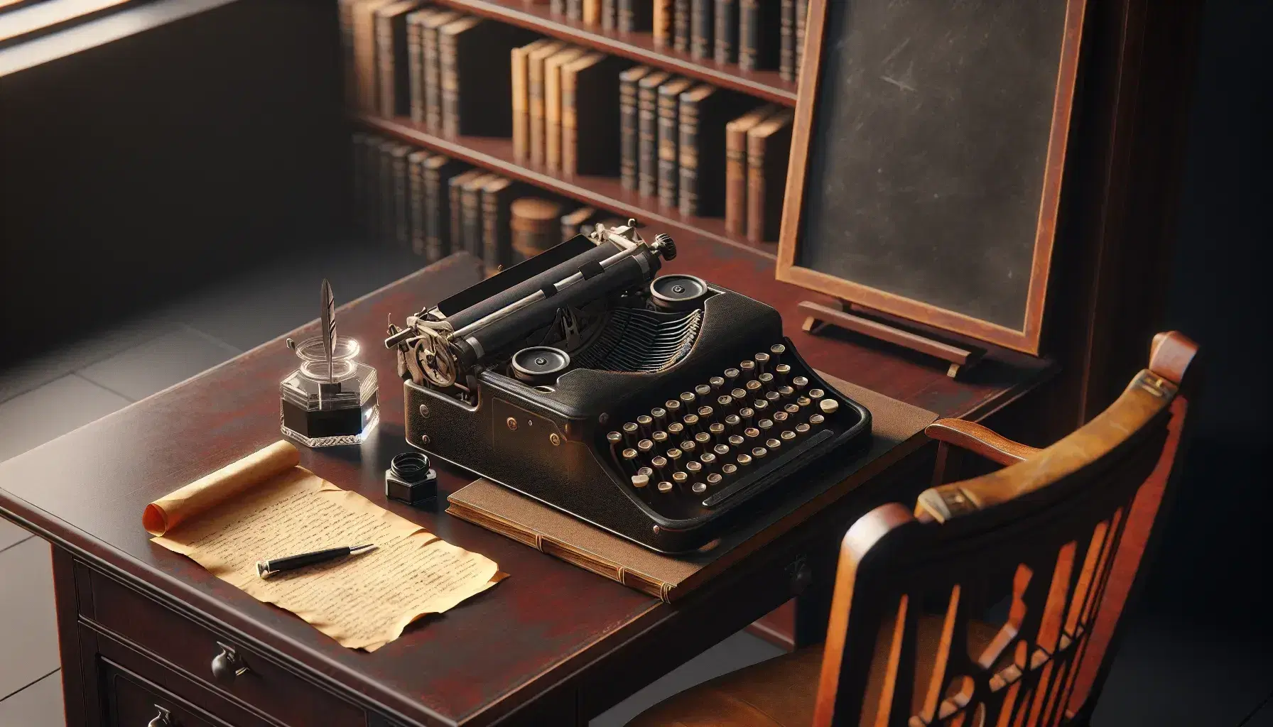 Scrivania in legno con macchina da scrivere vintage, inchiostro, carta arrotolata, libro aperto e sedia intagliata in ambiente retrò.