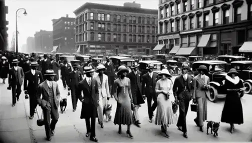 Elegantly dressed African American men and women stroll on a Harlem street during the Renaissance, with vintage cars and 1920s architecture.