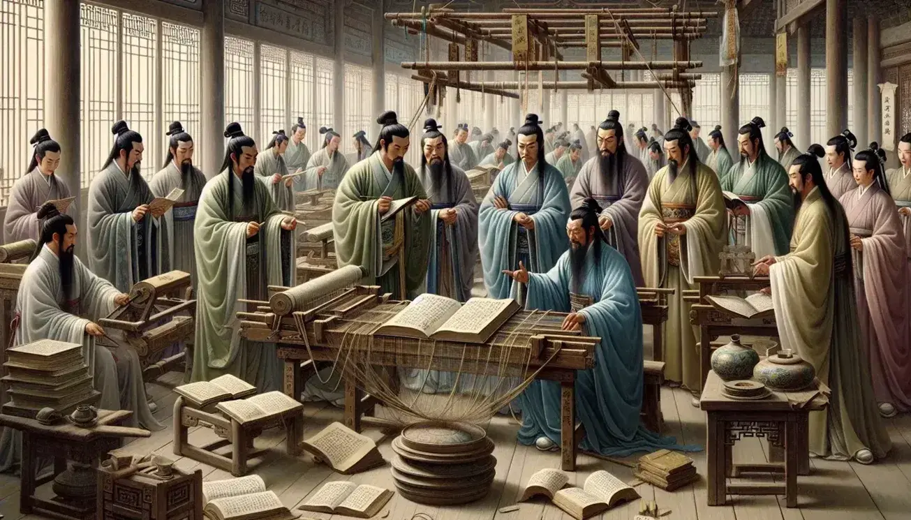 Song Dynasty scene with scholars discussing near a table of thread-bound books, artisans weaving fabric and crafting pottery, and a painter with a blank scroll.