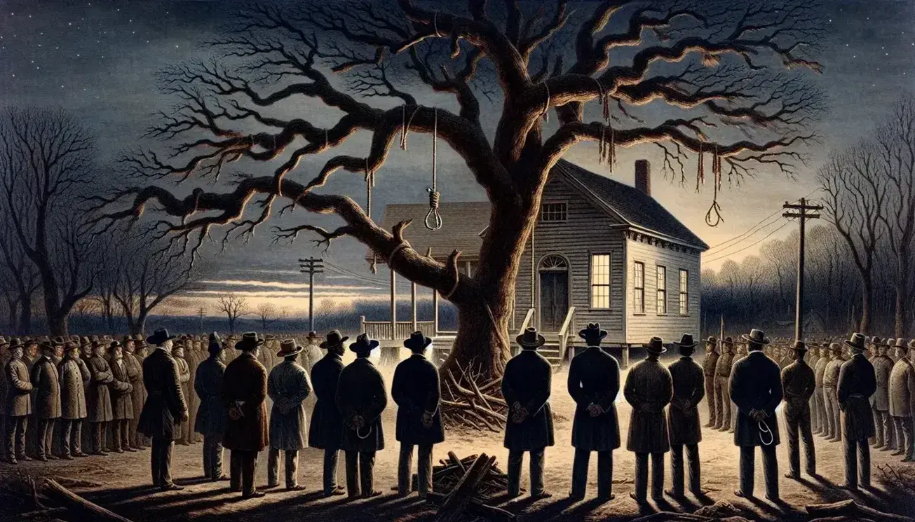 19th-century onlookers at dusk facing a white Reconstruction-era courthouse with a noose hanging from a barren oak tree.