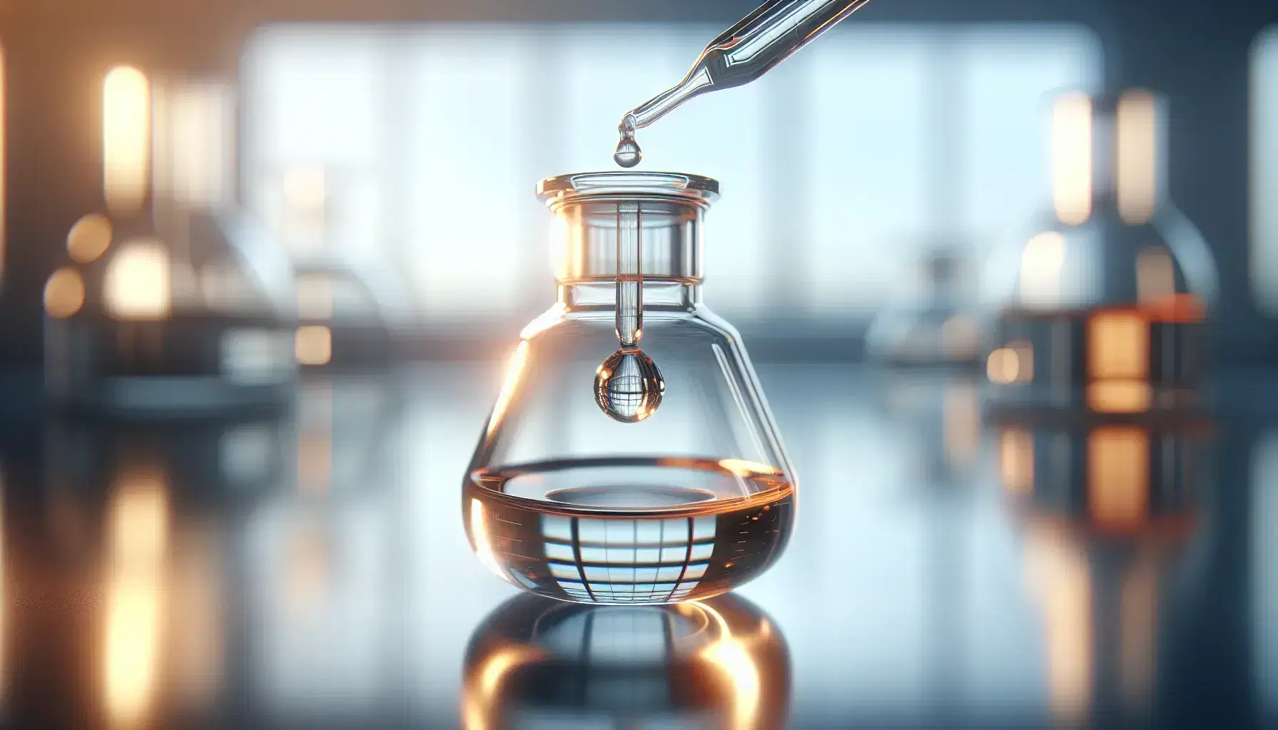Transparent glass vial on reflective surface with amber liquid and dropper releasing a drop, in bright laboratory.