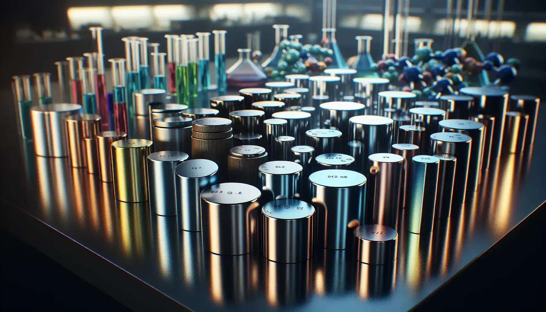 Cilindri metallici di diverse altezze e diametri su superficie in legno scuro con riflesso, in laboratorio con strumenti di vetro sfocati.